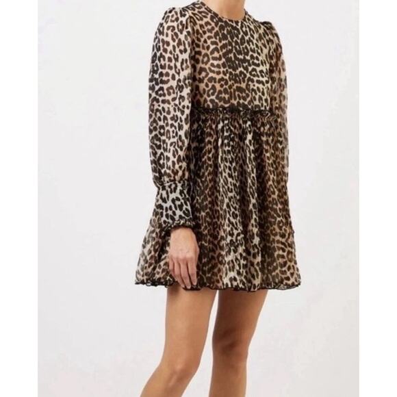 GANNI Leopard Print Babydoll Dress Size 38 Sz 6 Puff Sleeve Pleated Sheer Lined - Picture 1 of 10